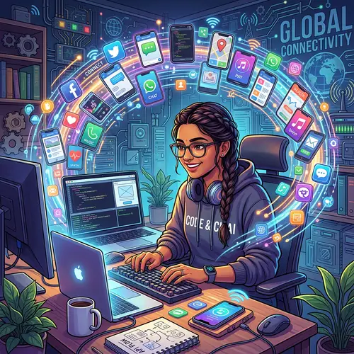 South Asian Female Developer Digital Painting | Vibrant Apps Illustration
