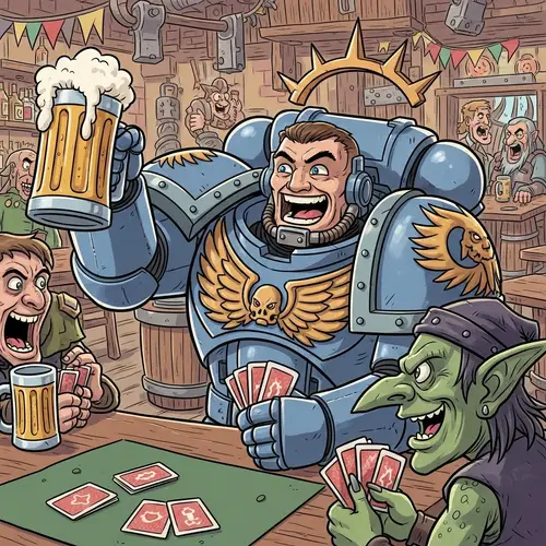 Cheerful Space Marine and Goblin Card Game Fun