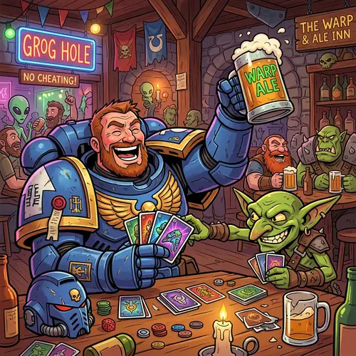 Cheerful Space Marine and Goblin Card Game Fun