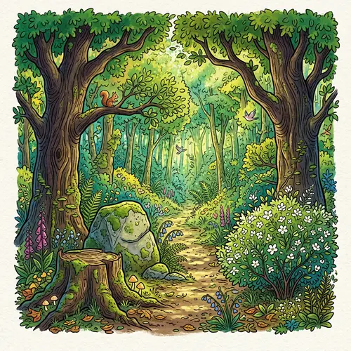 Whimsical Forest Scene with Lush Greenery and Nostalgic Elements