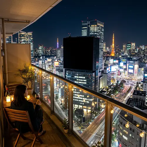 Nocturnal Balcony Scene Overlooking Modern City with Giant Black Screen