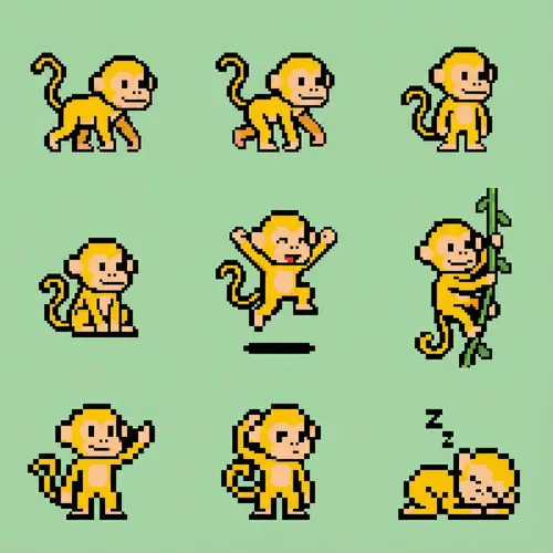 2D Pixel Yellow Monkey Character Poses