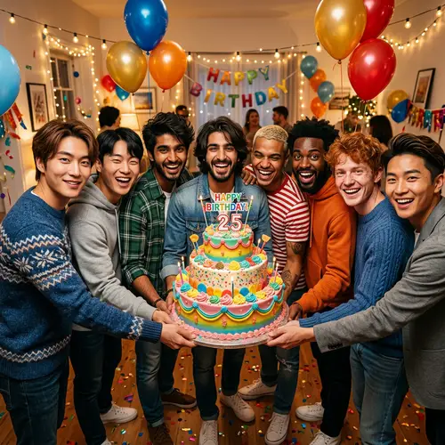 Diverse Group Birthday Celebration | Festive Young Men with Cake