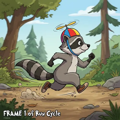 Cartoon Raccoon Running with Propeller Hat