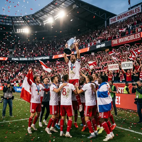 Triumphant White and Red Soccer Team Celebrating Championship Win
