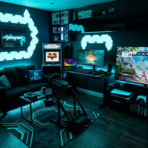Stylish Gaming Room with LED Lighting & PS5 Setup