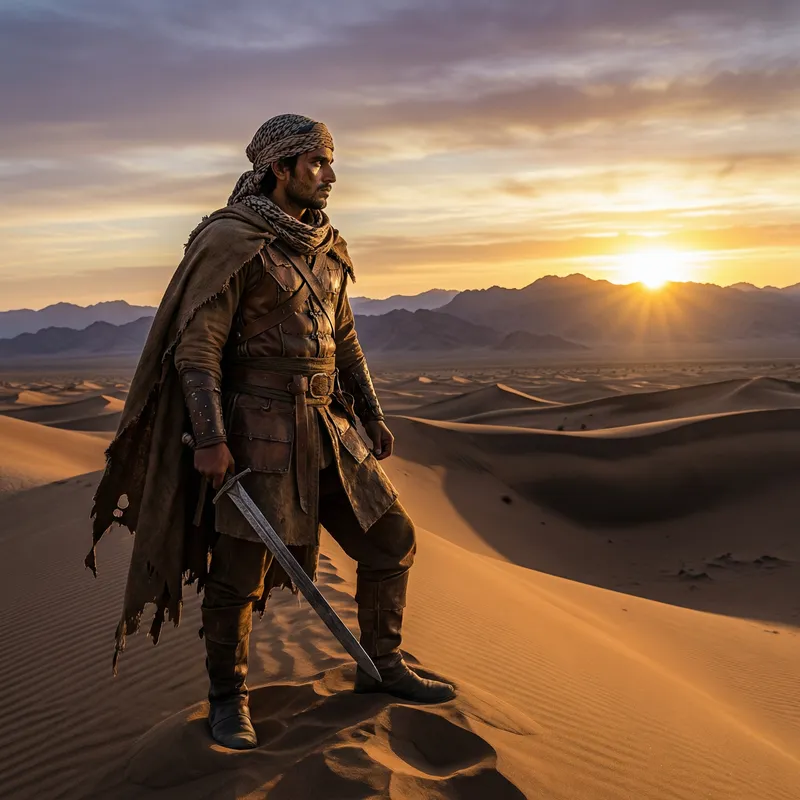 Passionate Warrior at Dawn in Expansive Desert