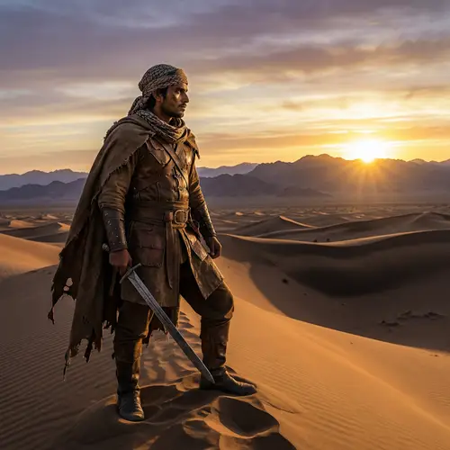 Passionate Warrior at Dawn in Expansive Desert Landscape