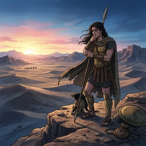 Sorrowful Young Hellenic Warrior | Desert Landscape at Dawn