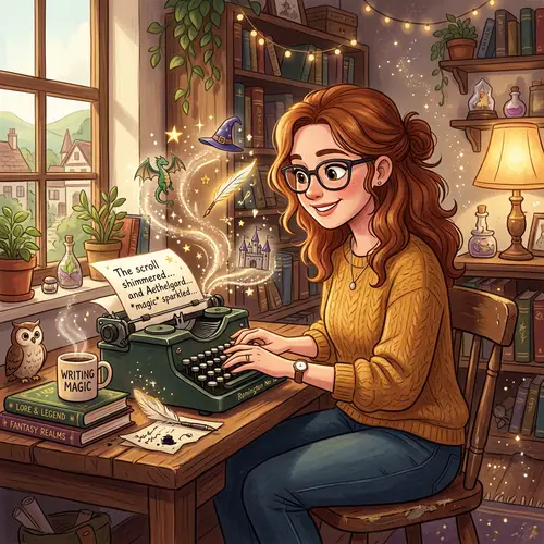 Auburn-Haired Woman Writing Magical Story on Typewriter