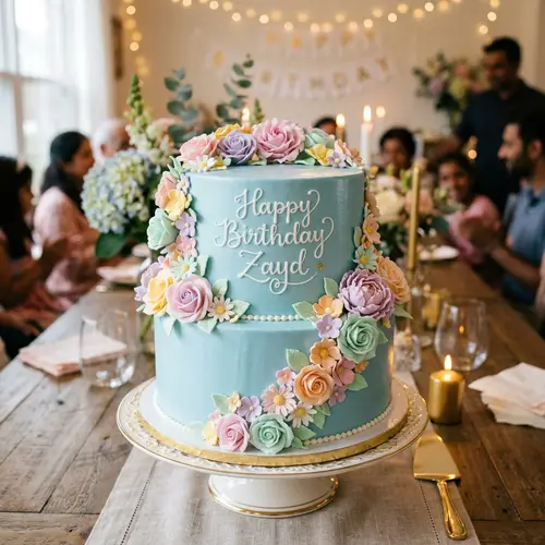 Elegant Happy Birthday Cake with Sugar Flowers | Zayd