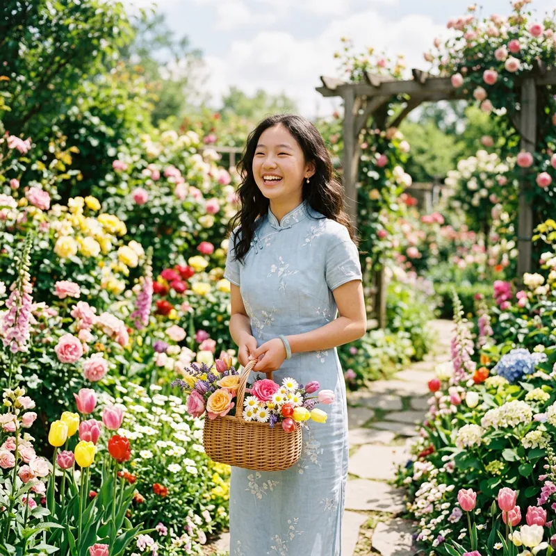 Blooming Garden Beauty: East Asian Girl Amid Colorful Flowers