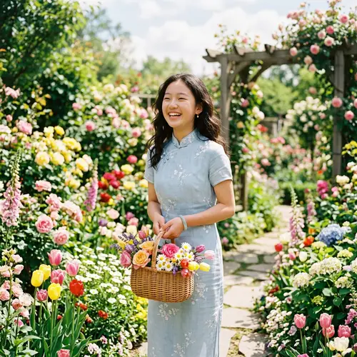Summer Garden Fantasy: East Asian Girl Among Colorful Flowers