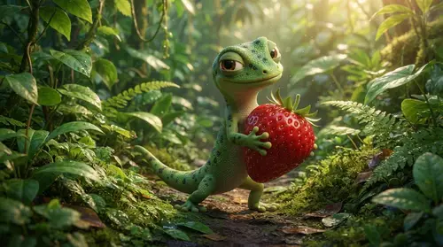 Mischievous Gecko Clutching a Juicy Strawberry