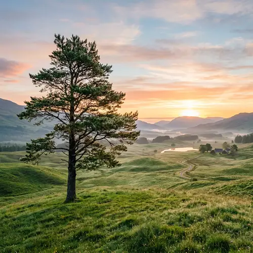 Tranquil Morning Landscape: Sunrise Over Vast Greenery