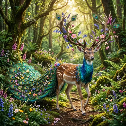 Enchanting Deer-Flower-Peacock Hybrid Creature