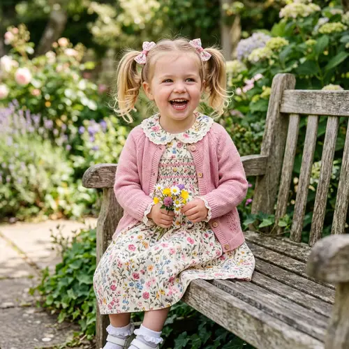 Cheerful Caucasian Little Girl in Beautiful Dress