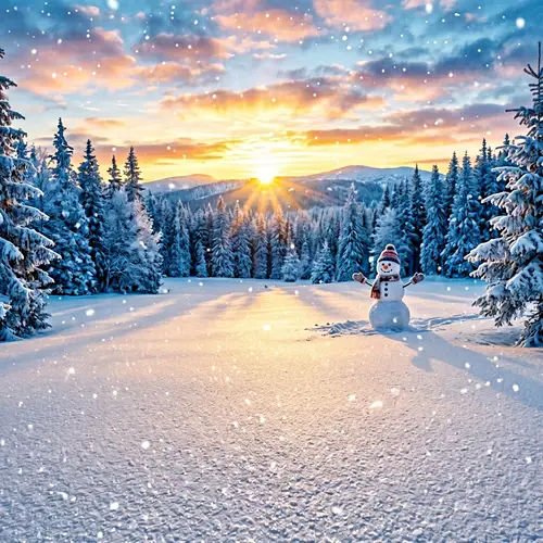 Pristine Snowy Meadow at Dawn - Frosty Forest & Robust Snowman