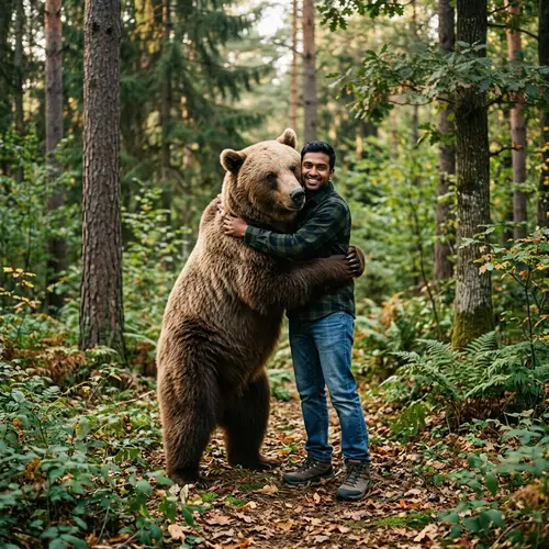 Brown Bear Hugging South Asian Male in Forest Setting