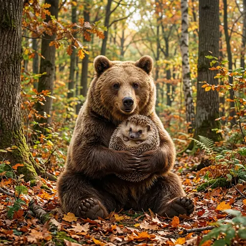 Friendly Brown Bear Hugging Cute Hedgehog in Forest | Wildlife Bonding