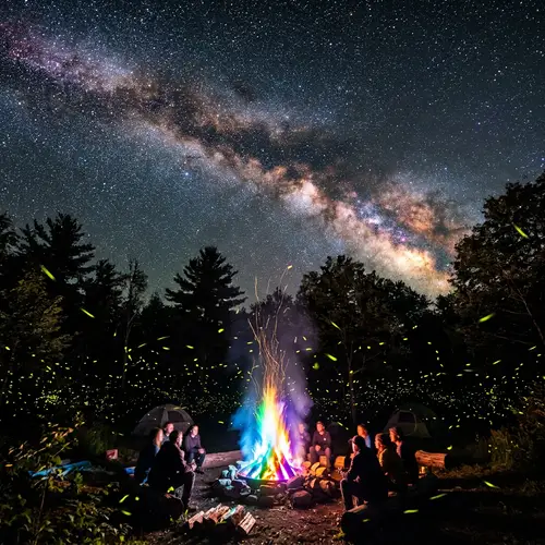 Enchanting Milky Way Night Sky & Colorful Bonfire