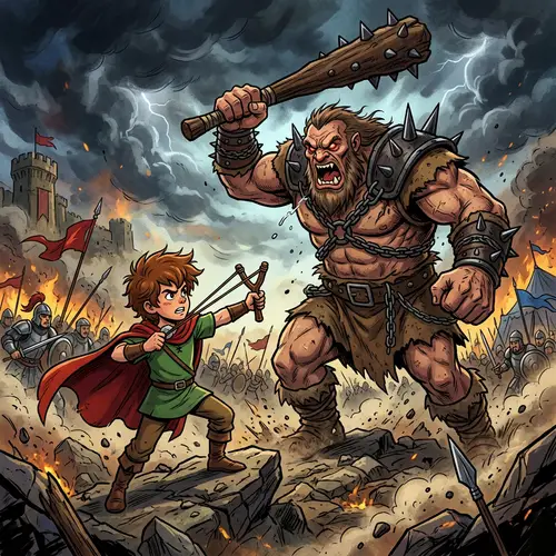 Epic Battle Scene: Young Hero vs. Towering Giant