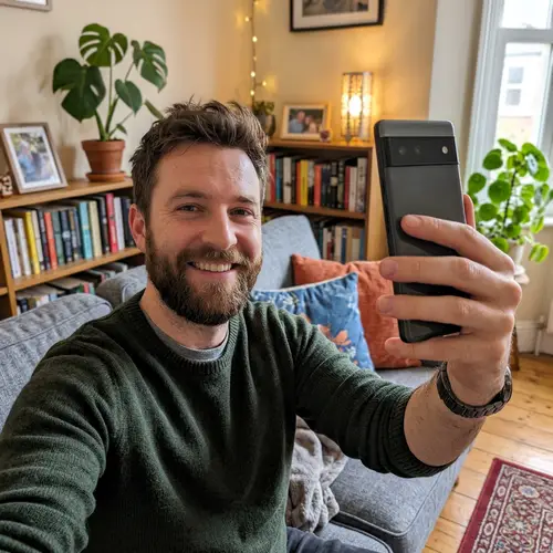 29-Year-Old Man with Brown Hair in His Living Room Selfie