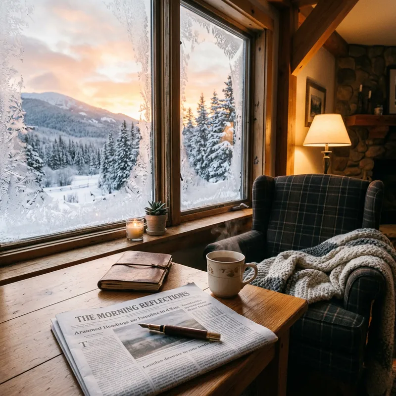 Peaceful Morning Scene: Sunrise Through Frosted Window Over Snowy Landscape