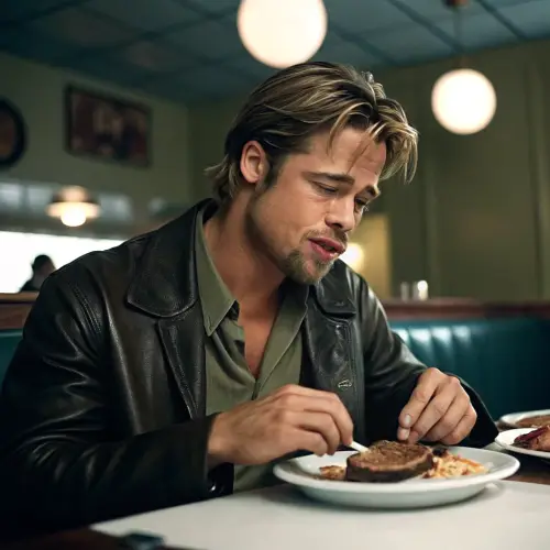 Brad Pitt Enjoying Meat - Exclusive Photo