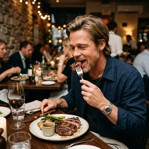 Brad Pitt Enjoying Meat - Exclusive Photo
