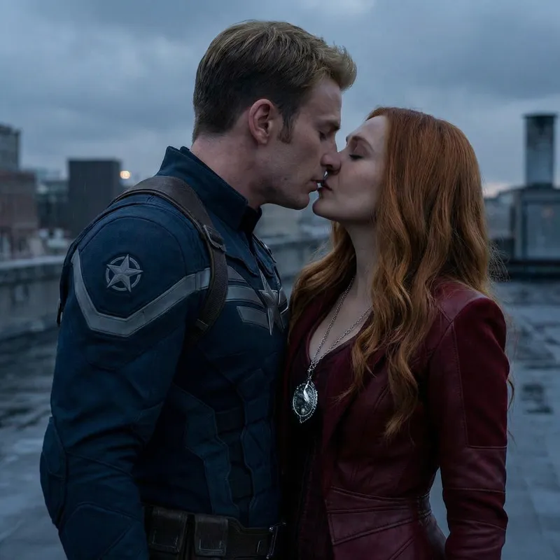 Passionate Kiss: Chris Evans and Wanda in Navy Blue & Crimson