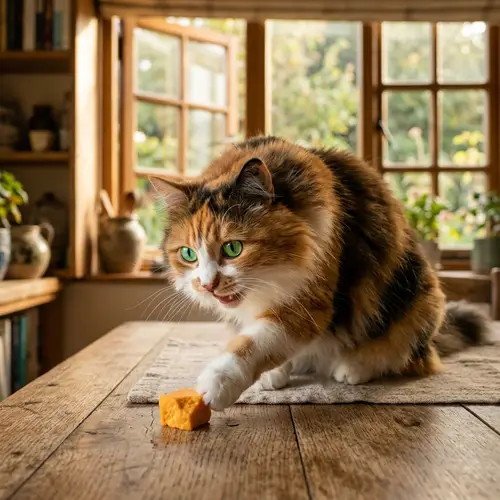 Enchanting Cat Enjoying Cheddar Cheese on Wooden Table