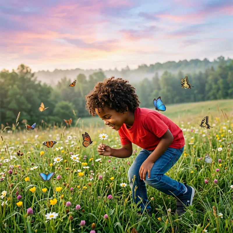 Young Black Boy with Colorful Butterflies