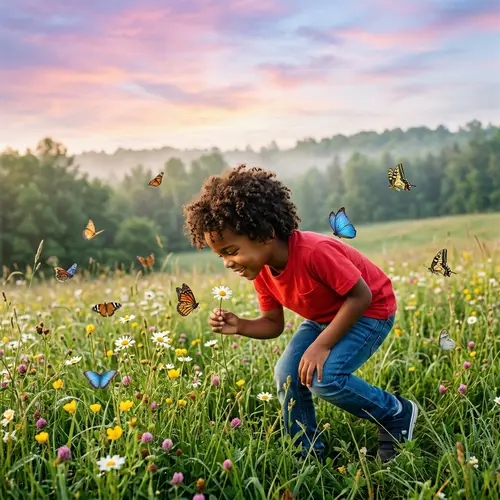 Joyful Nature Exploration: Young Black Boy in Red T-shirt with Colorful Butterflies