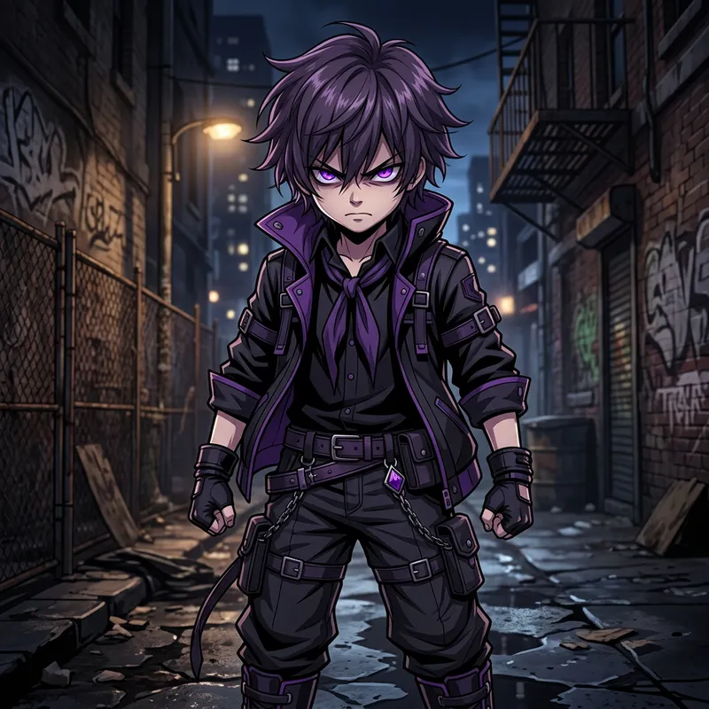 Anime Style Teenage Boy with Menacing Purple Eyes