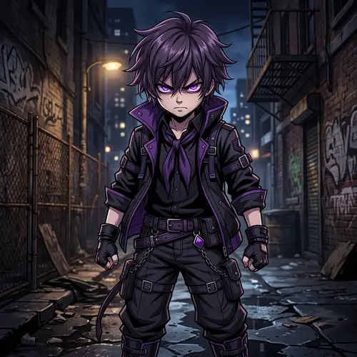 Anime Style Young Boy with Threatening Eyes and Purple Pupils