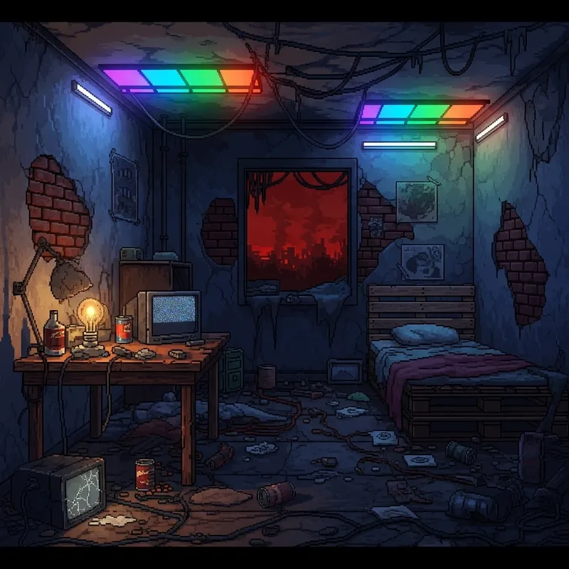 Post-Apocalyptic Pixel Art Room with LED Lighting