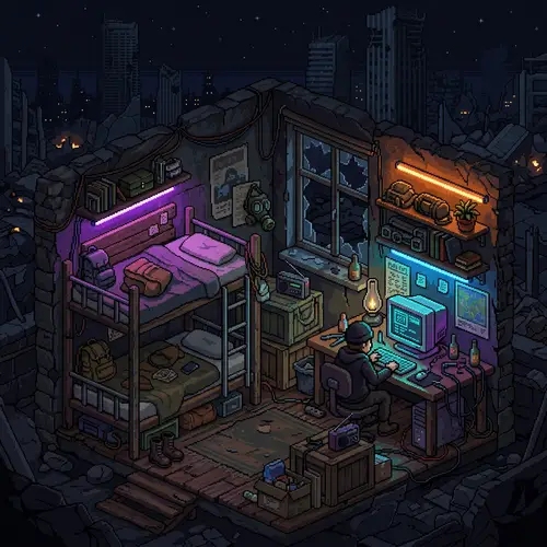 Post-Apocalyptic Pixel Art Room with LED Lighting