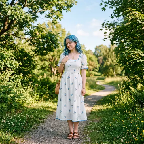 Young Woman with Blue Hair in White Sundress - Summer Setting