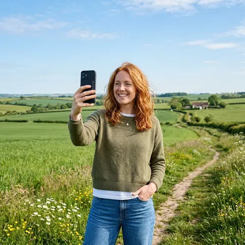 Redhead Woman Taking Selfie in Countryside | Serene Scene