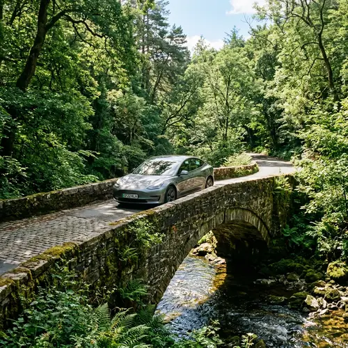 Sleek Car Driving Over Forest Stone Bridge