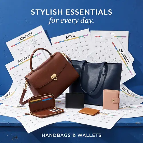 Trendy Handbags and Wallets Against Blue Background