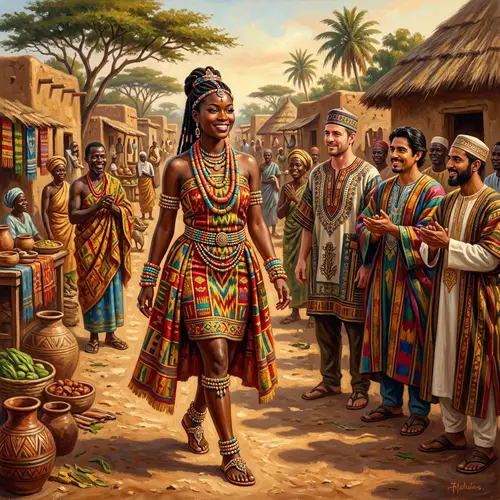 Stunning Black African Princess in Traditional Garments Walking Through Vibrant Village Streets