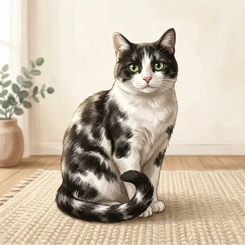 Black and White Mottled Domestic Cat Illustration