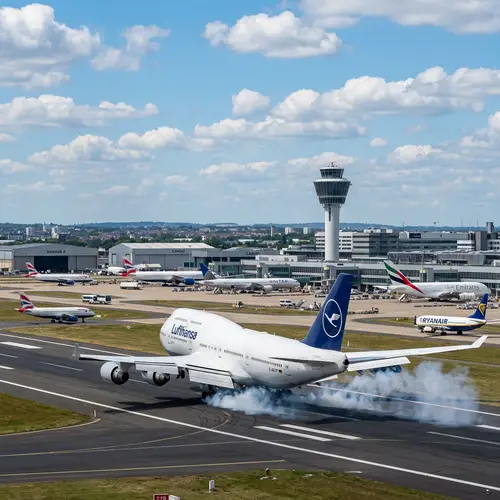 Boeing 747 Landing at Bustling Airport - Captivating Scene