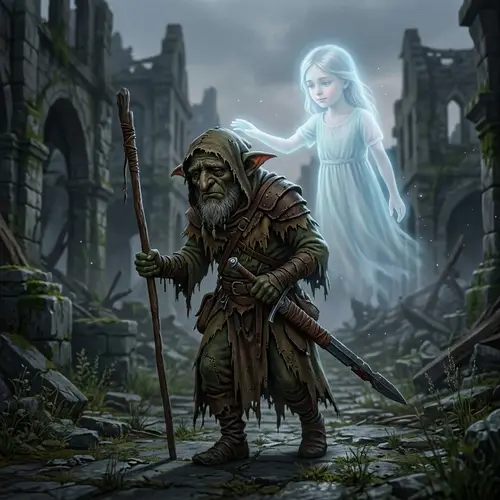 Worn Goblin Shaman in Ruins with Ethereal Companion