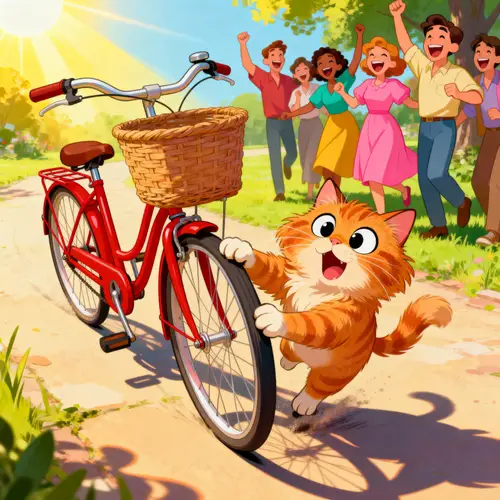 Whimsical Ginger Cat on a Vintage Bicycle Illustration