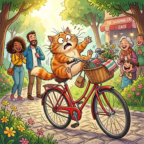 Whimsical Ginger Cat on a Vintage Bicycle Illustration