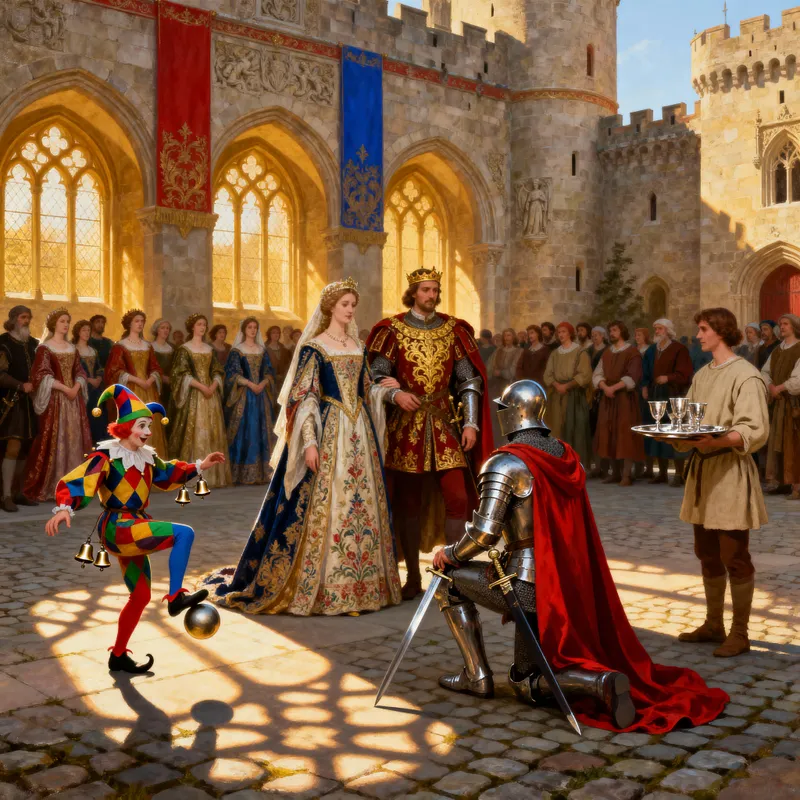 Majestic Medieval Castle Scene with Queen and Courtiers Majestic Medieval Castle Scene with Queen and Courtiers