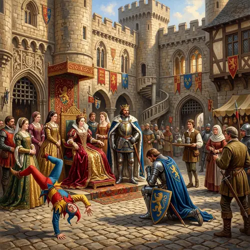 Majestic Medieval Castle Scene with Queen and Courtiers